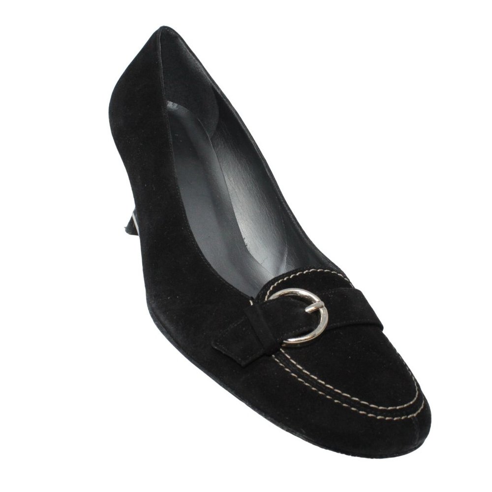 Stuart Weitzman Size 9M Black Suede Leather Madeline Buckle Detail Kitten Heels
